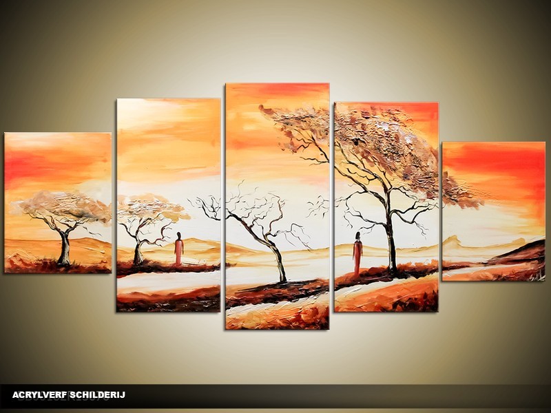 Acryl Schilderij Zonsondergang | Geel, Oranje, Bruin | 150x70cm 5Luik Handgeschilderd