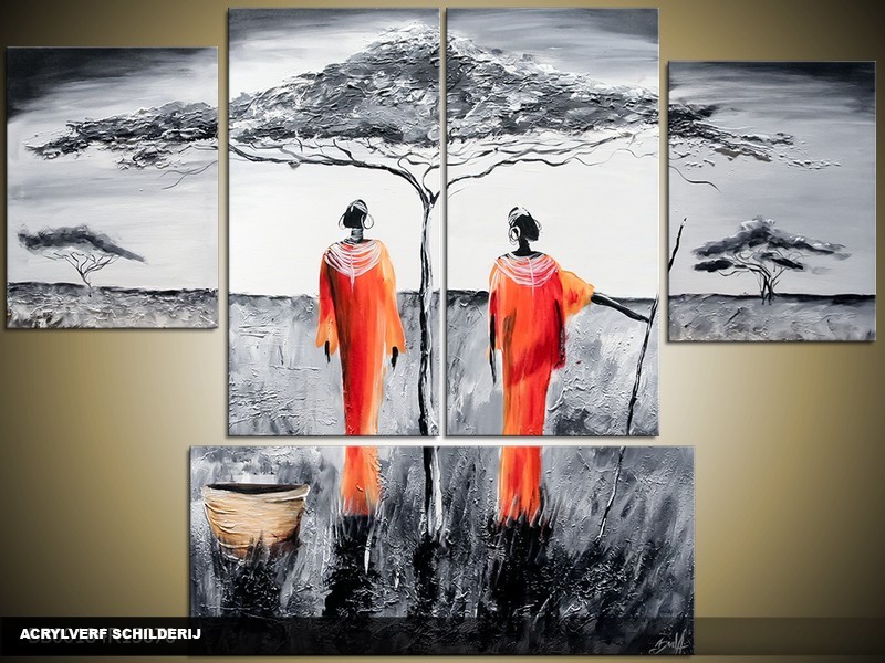 Acryl Schilderij Modern | Grijs, Rood, Zwart | 120x90cm 5Luik Handgeschilderd