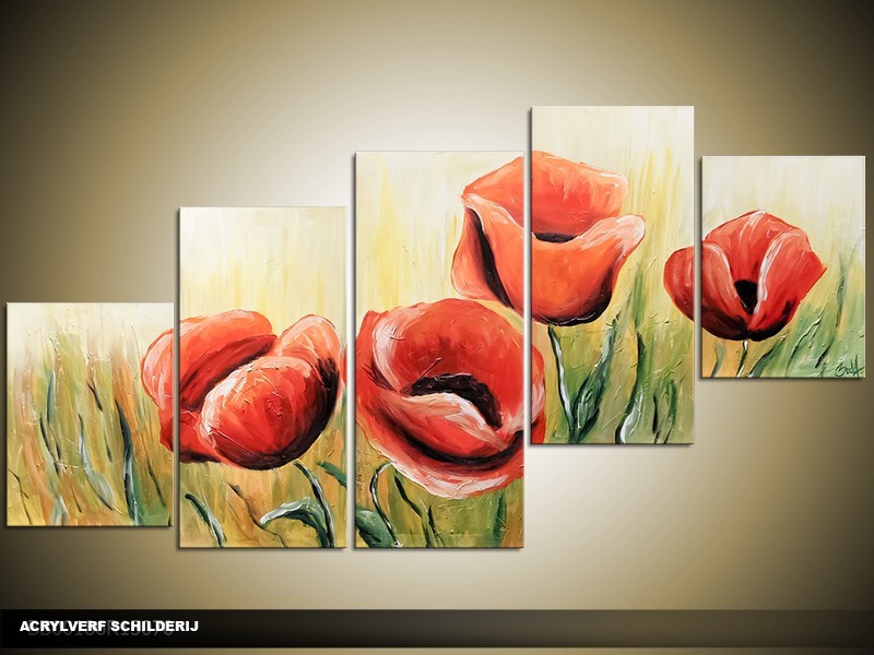 Acryl Schilderij Klaproos | Rood, Crème, Groen | 150x70cm 5Luik Handgeschilderd