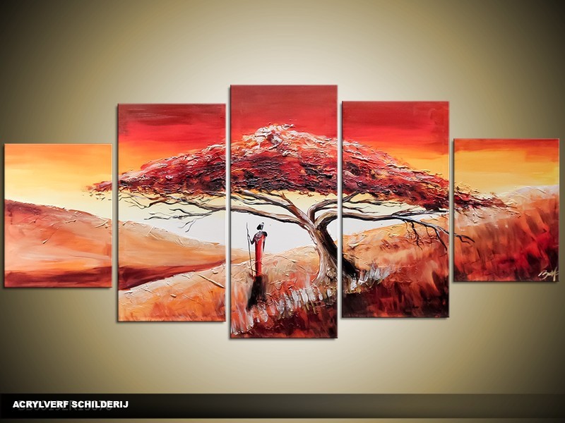 Acryl Schilderij Natuur | Bruin, Crème, Rood | 150x70cm 5Luik Handgeschilderd