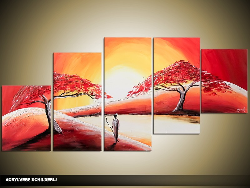 Acryl Schilderij Zonsondergang | Rood, Crème | 150x70cm 5Luik Handgeschilderd