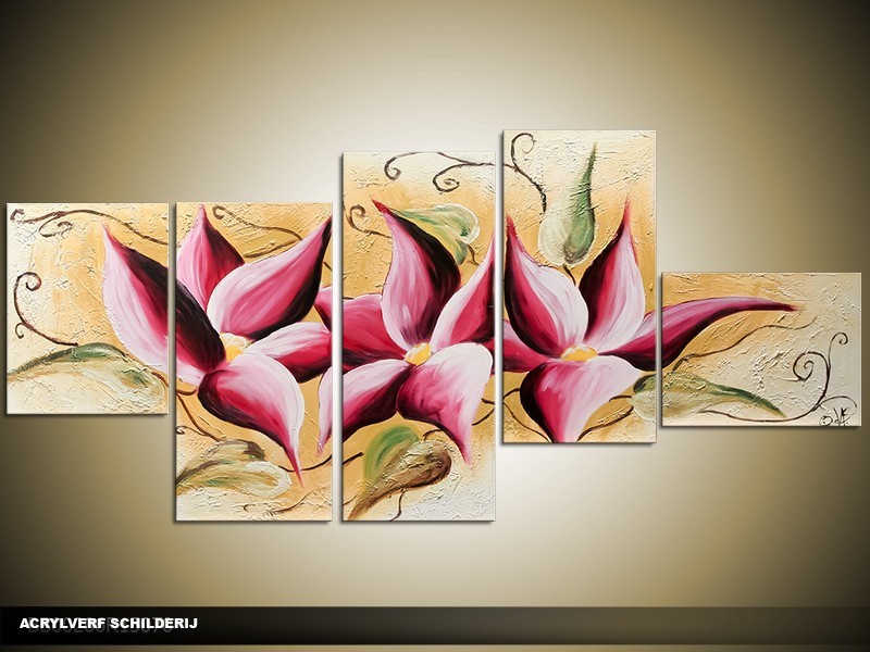 Acryl Schilderij Magnolia | Roze, Crème | 160x70cm 5Luik Handgeschilderd