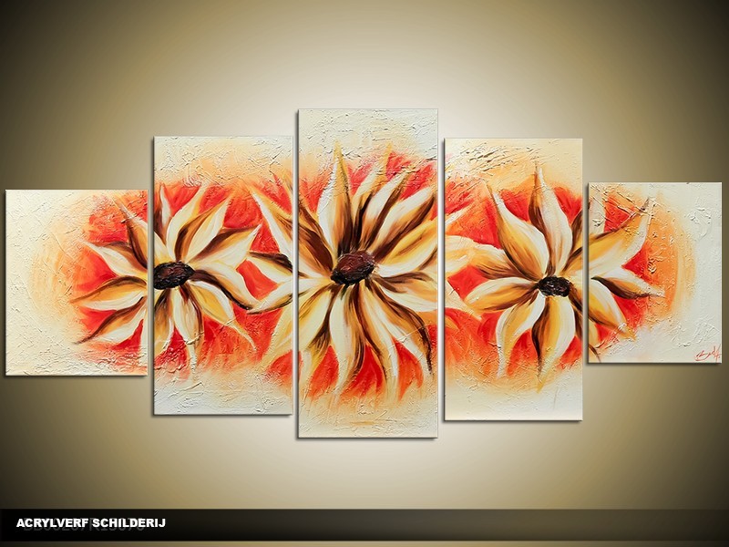 Acryl Schilderij Woonkamer | Oranje, Crème | 150x70cm 5Luik Handgeschilderd