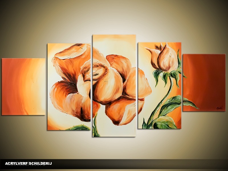 Acryl Schilderij Roos | Oranje, Crème | 150x70cm 5Luik Handgeschilderd