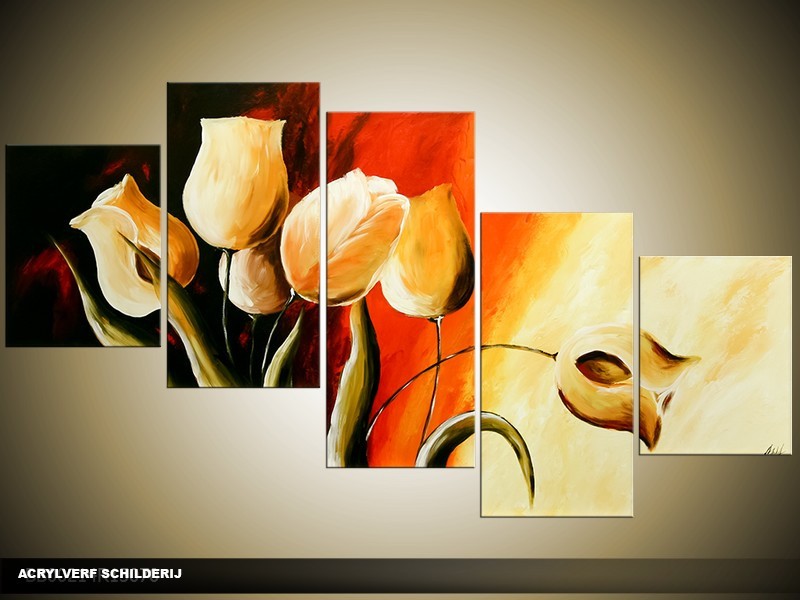 Acryl Schilderij Tulpen | Rood, Bruin, Geel | 150x70cm 5Luik Handgeschilderd