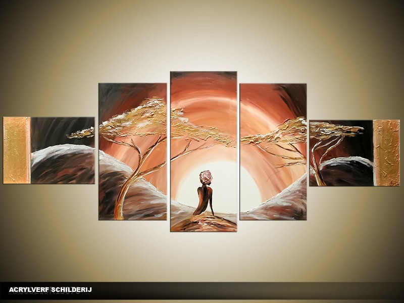 Acryl Schilderij Zonsondergang | Bruin, Crème | 170x70cm 5Luik Handgeschilderd