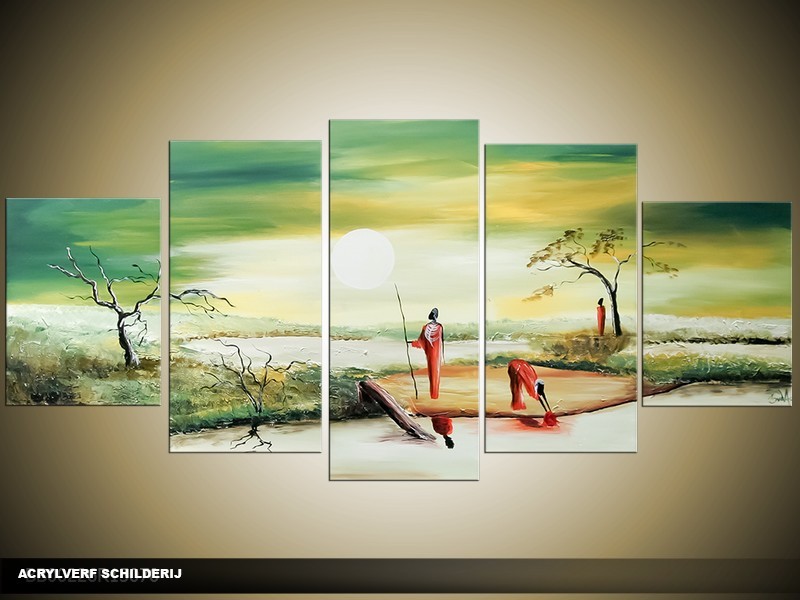 Acryl Schilderij Zonsondergang | Groen, Crème | 150x70cm 5Luik Handgeschilderd
