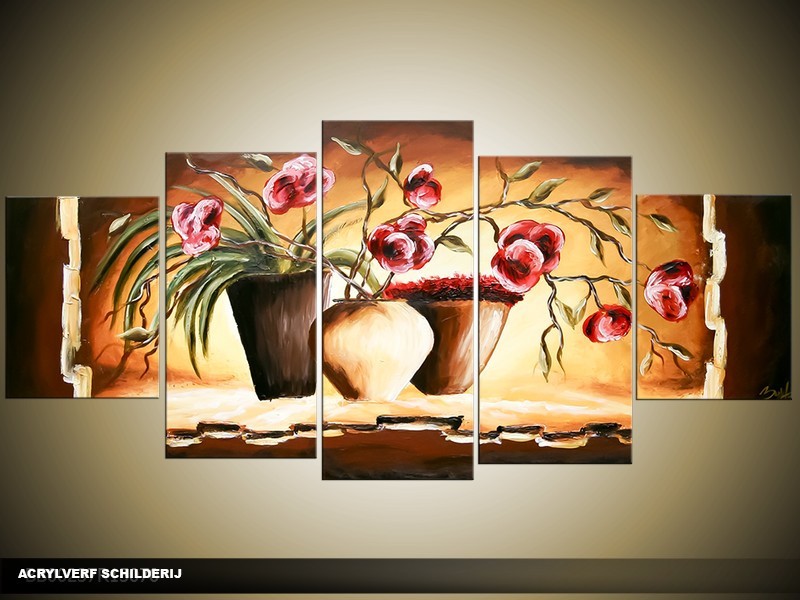 Acryl Schilderij Woonkamer | Bruin, Crème | 150x70cm 5Luik Handgeschilderd