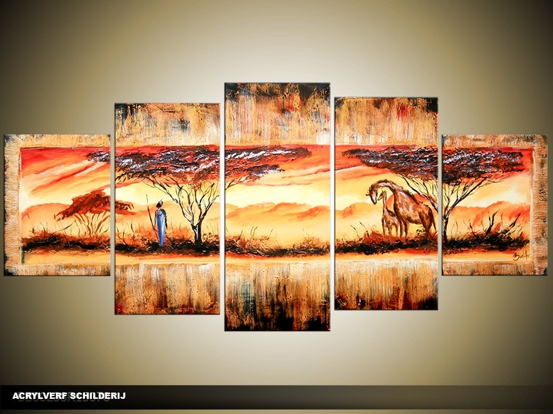Acryl Schilderij Natuur | Bruin, Geel | 150x70cm 5Luik Handgeschilderd