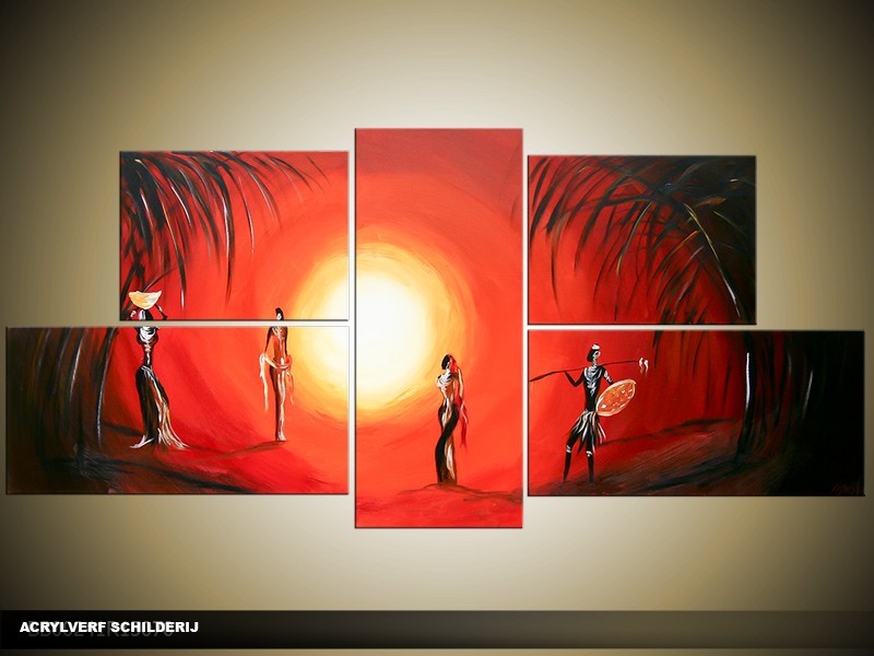 Acryl Schilderij Afrika | Rood, Geel | 150x70cm 5Luik Handgeschilderd