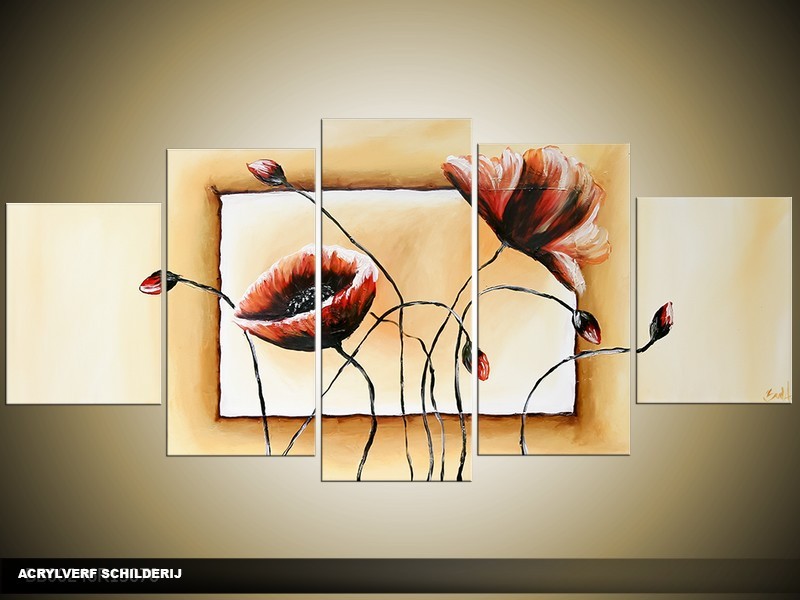 Acryl Schilderij Klaproos | Crème, Bruin | 150x70cm 5Luik Handgeschilderd