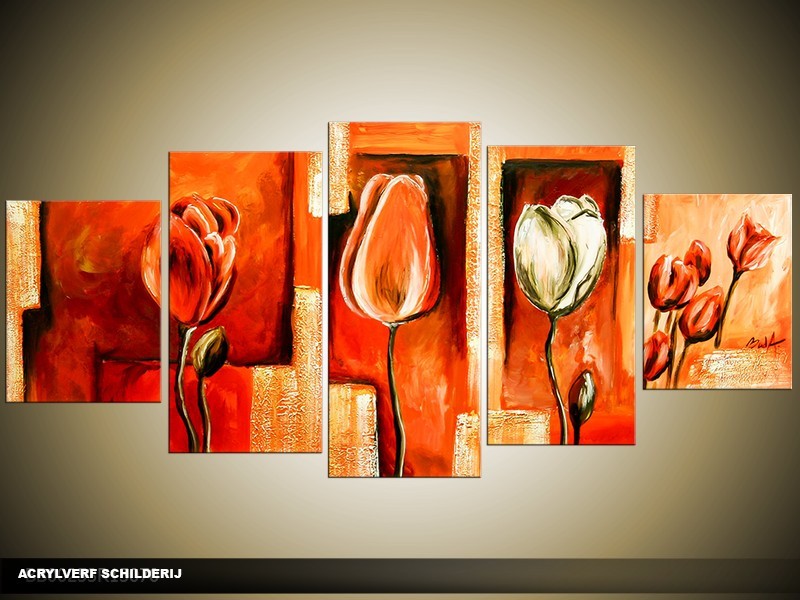 Acryl Schilderij Tulp | Rood, Oranje | 150x70cm 5Luik Handgeschilderd