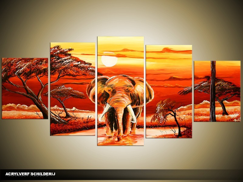 Acryl Schilderij Afrika | Rood, Oranje | 150x70cm 5Luik Handgeschilderd