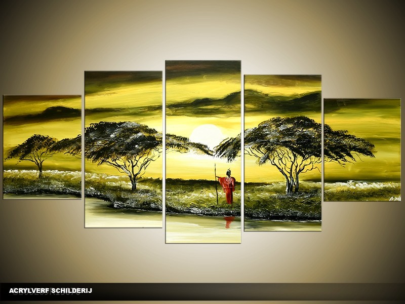 Acryl Schilderij Natuur | Groen, Geel | 150x70cm 5Luik Handgeschilderd