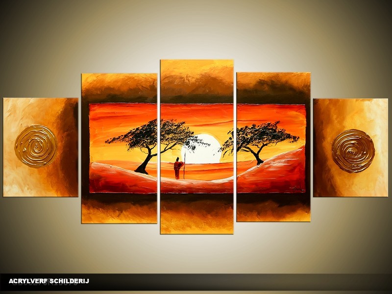 Acryl Schilderij Zonsondergang | Oranje, Bruin, Geel | 150x70cm 5Luik Handgeschilderd