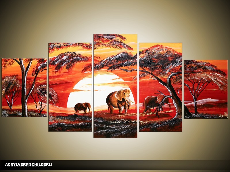 Acryl Schilderij Afrika | Rood, Geel | 150x70cm 5Luik Handgeschilderd