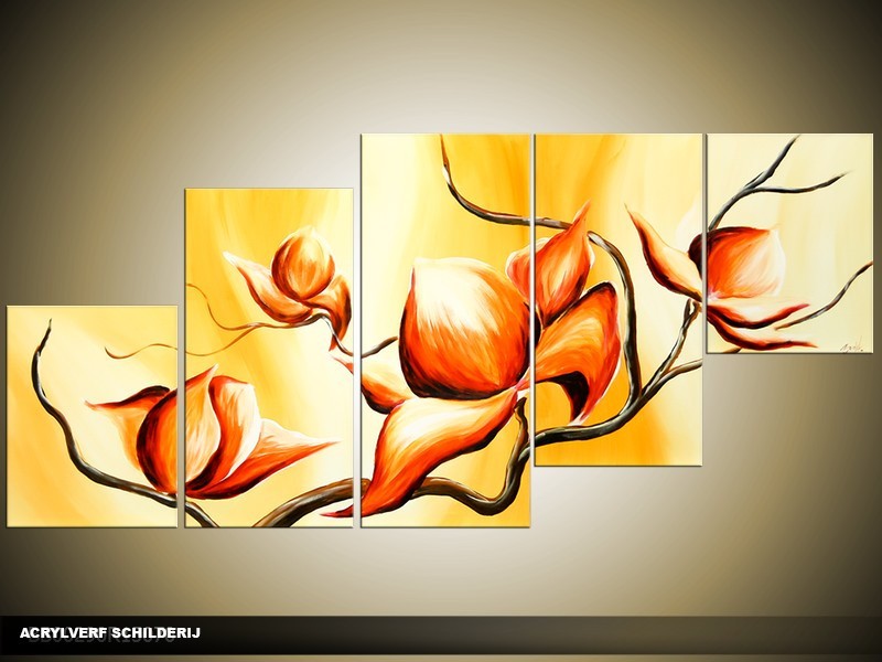 Acryl Schilderij Magnolia | Oranje, Geel | 150x70cm 5Luik Handgeschilderd