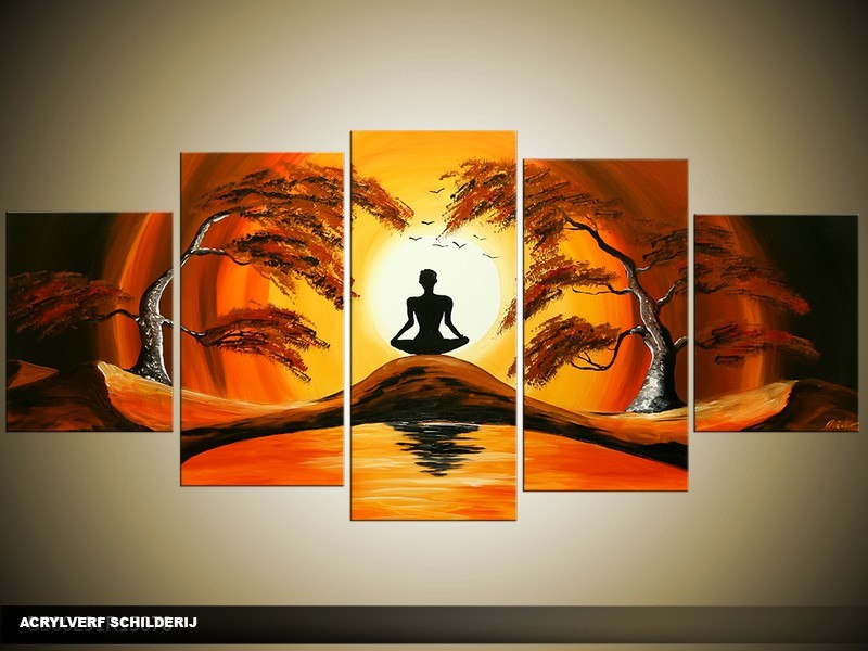 Acryl Schilderij Yoga | Geel, Bruin, Oranje | 150x70cm 5Luik Handgeschilderd