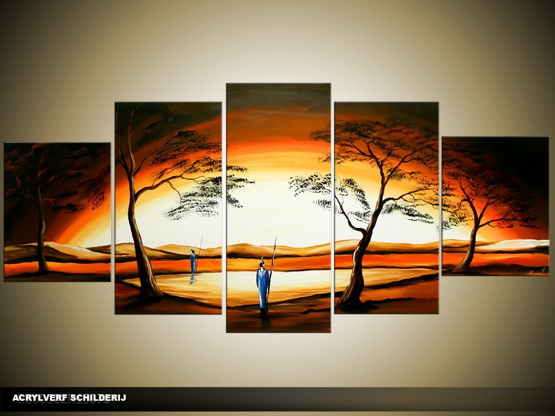 Acryl Schilderij Zonsondergang | Geel, Oranje, Bruin | 150x70cm 5Luik Handgeschilderd