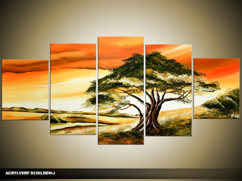 Acryl Schilderij Natuur | Oranje, Groen | 150x70cm 5Luik Handgeschilderd