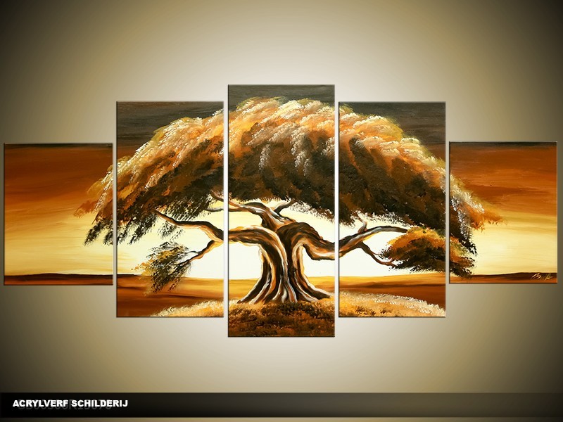 Acryl Schilderij Natuur | Bruin, Crème, Groen | 150x70cm 5Luik Handgeschilderd