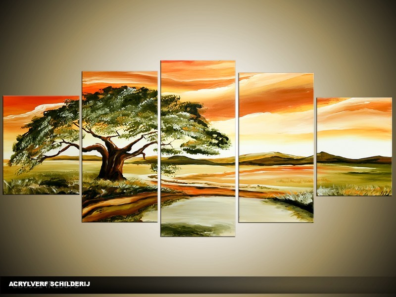 Acryl Schilderij Natuur | Groen, Oranje | 150x70cm 5Luik Handgeschilderd