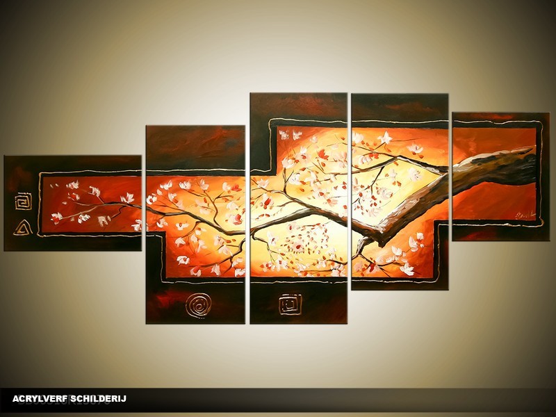 Acryl Schilderij Natuur | Oranje, Geel | 160x70cm 5Luik Handgeschilderd
