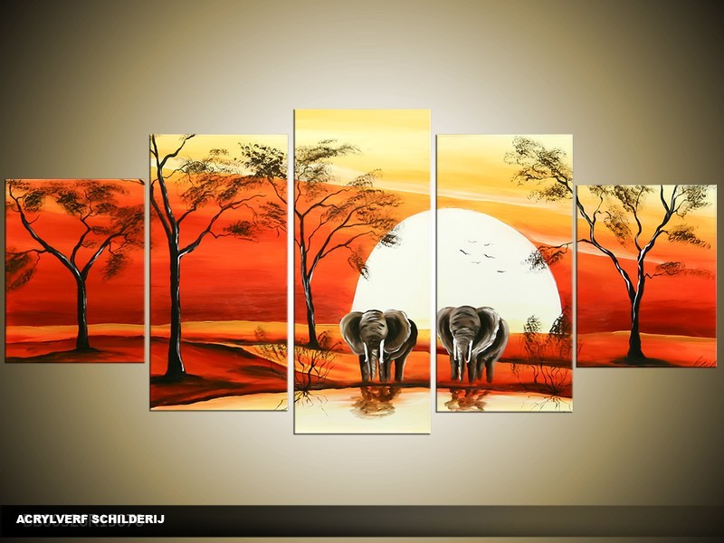 Acryl Schilderij Afrika | Rood, Oranje, Geel | 150x70cm 5Luik Handgeschilderd