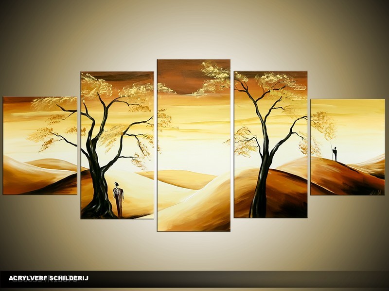 Acryl Schilderij Natuur | Bruin, Crème | 150x70cm 5Luik Handgeschilderd