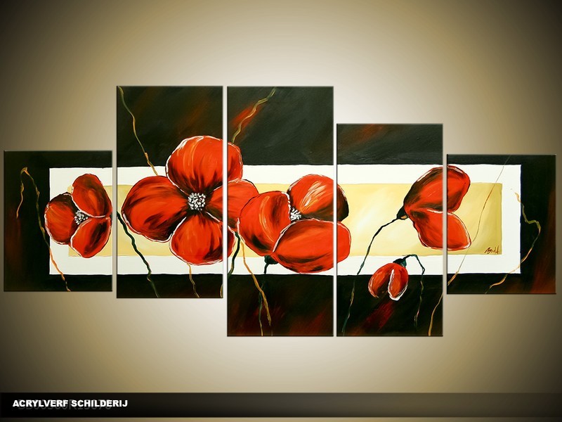 Acryl Schilderij Klaproos | Rood, Zwart, Crème | 150x70cm 5Luik Handgeschilderd