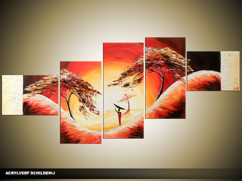 Acryl Schilderij Natuur | Rood, Crème | 170x70cm 5Luik Handgeschilderd