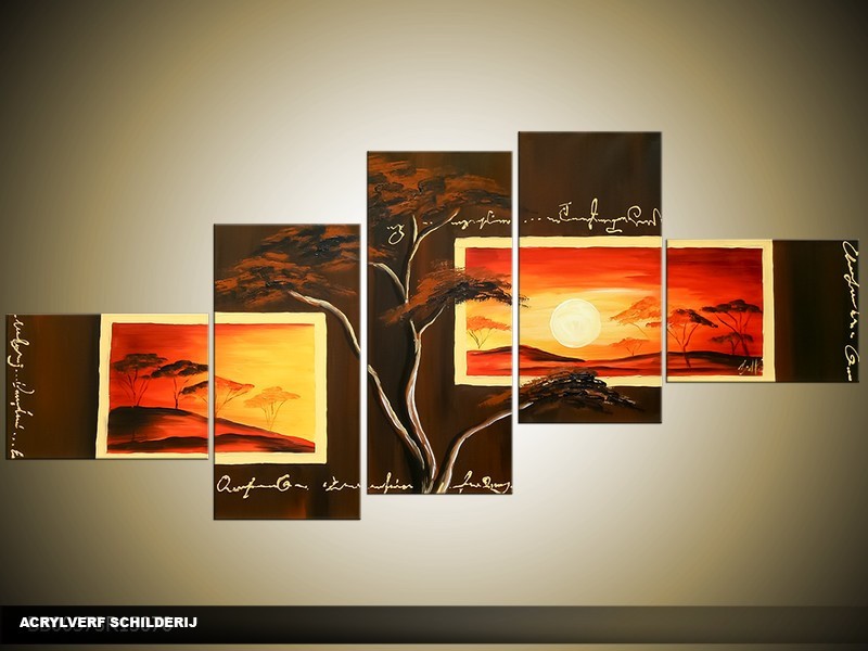 Acryl Schilderij Zonsondergang | Oranje, Bruin | 170x70cm 5Luik Handgeschilderd
