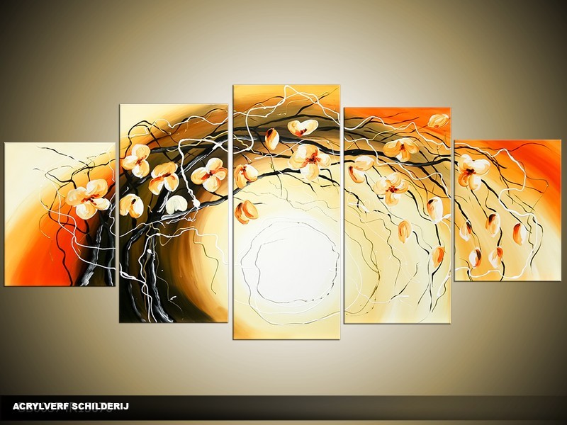 Acryl Schilderij Woonkamer | Geel, Bruin, Oranje | 150x70cm 5Luik Handgeschilderd