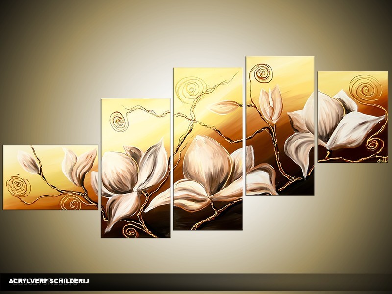 Acryl Schilderij Magnolia | Bruin, Crème | 160x70cm 5Luik Handgeschilderd