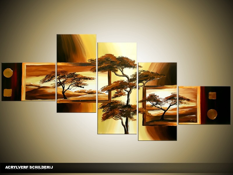 Acryl Schilderij Natuur | Bruin, Geel | 170x70cm 5Luik Handgeschilderd