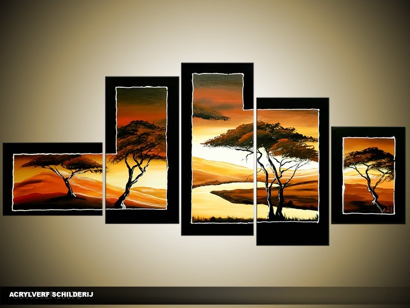 Acryl Schilderij Natuur | Oranje, Geel, Zwart | 160x70cm 5Luik Handgeschilderd