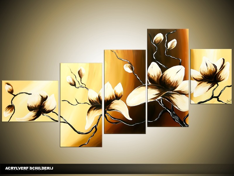Acryl Schilderij Magnolia | Bruin, Geel | 160x70cm 5Luik Handgeschilderd