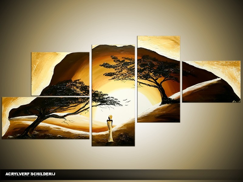 Acryl Schilderij Natuur | Bruin, Geel | 160x70cm 5Luik Handgeschilderd