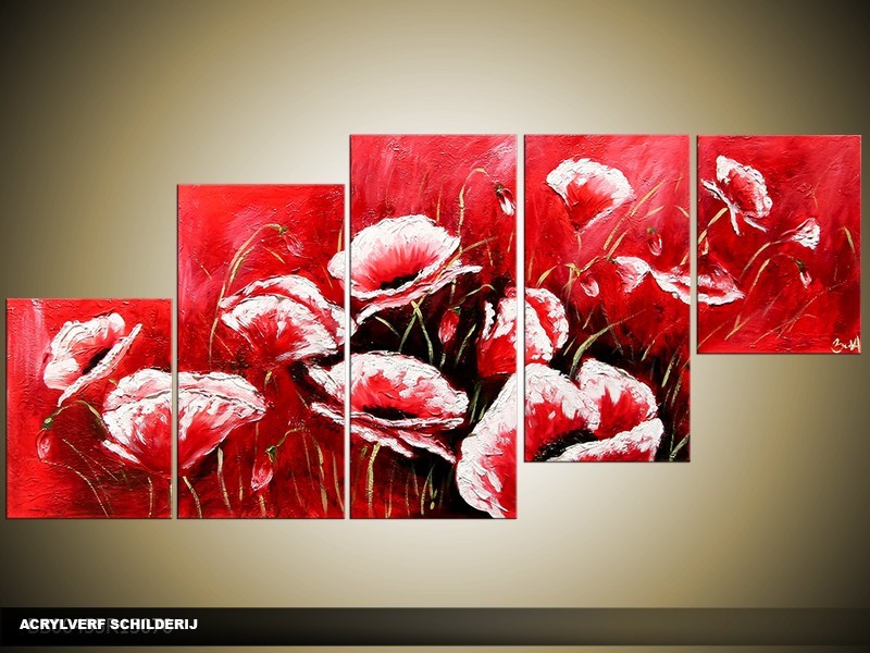 Acryl Schilderij Klaproos | Rood | 150x70cm 5Luik Handgeschilderd