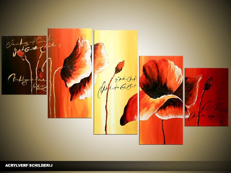 Acryl Schilderij Klaproos | Rood, Geel | 150x70cm 5Luik Handgeschilderd