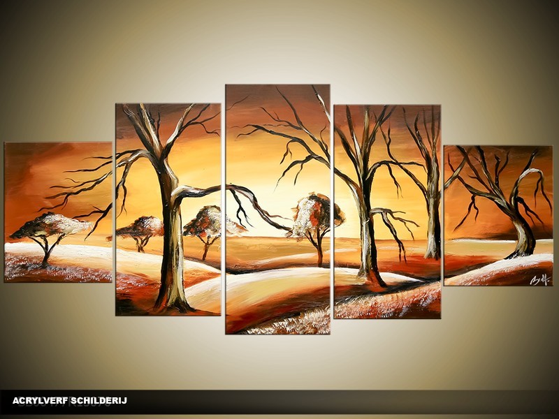 Acryl Schilderij Klaproos | Bruin, Crème | 150x70cm 5Luik Handgeschilderd