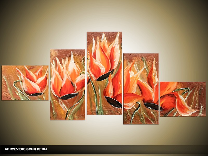 Acryl Schilderij Magnolia | Rood, Bruin | 170x70cm 5Luik Handgeschilderd