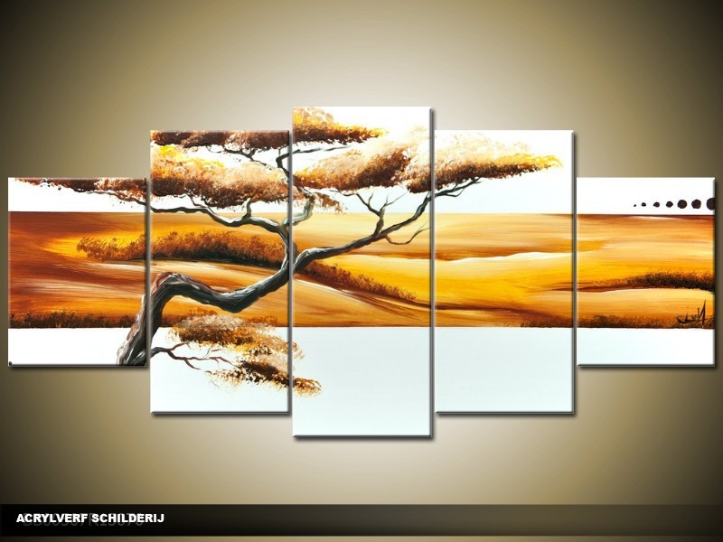 Acryl Schilderij Natuur | Crème, Geel | 150x70cm 5Luik Handgeschilderd