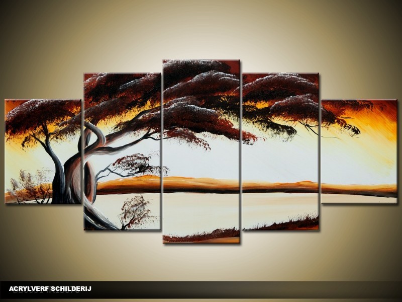 Acryl Schilderij Boom | Bruin, Geel | 150x70cm 5Luik Handgeschilderd
