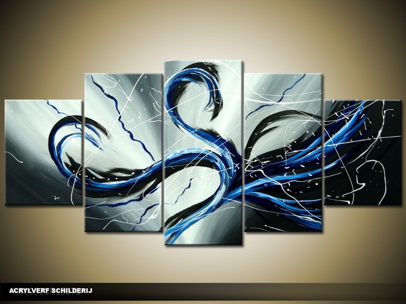Acryl Schilderij Modern | Grijs, Blauw | 150x70cm 5Luik Handgeschilderd