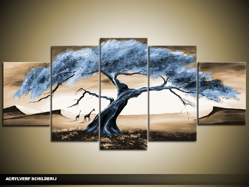 Acryl Schilderij Natuur | Blauw, Crème | 150x70cm 5Luik Handgeschilderd