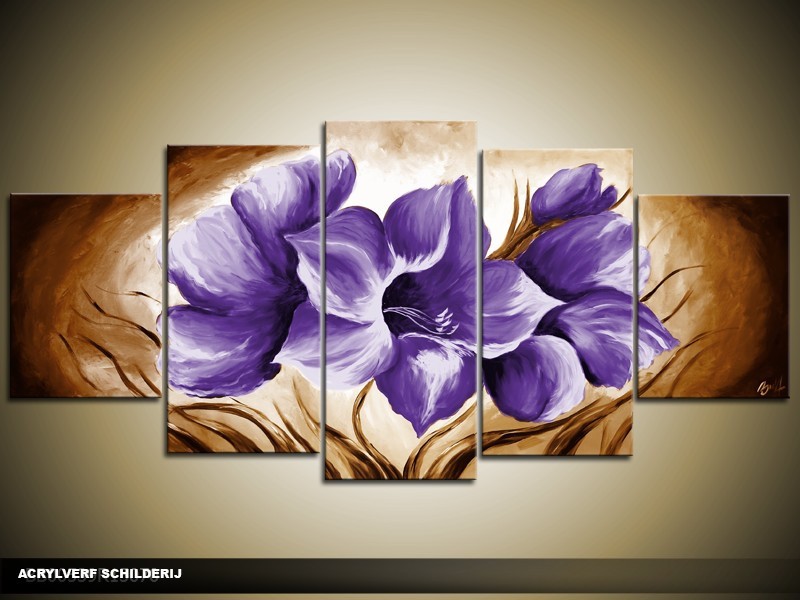 Acryl Schilderij Magnolia | Paars, Bruin | 150x70cm 5Luik Handgeschilderd