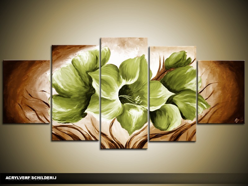 Acryl Schilderij Magnolia | Groen, Bruin | 150x70cm 5Luik Handgeschilderd