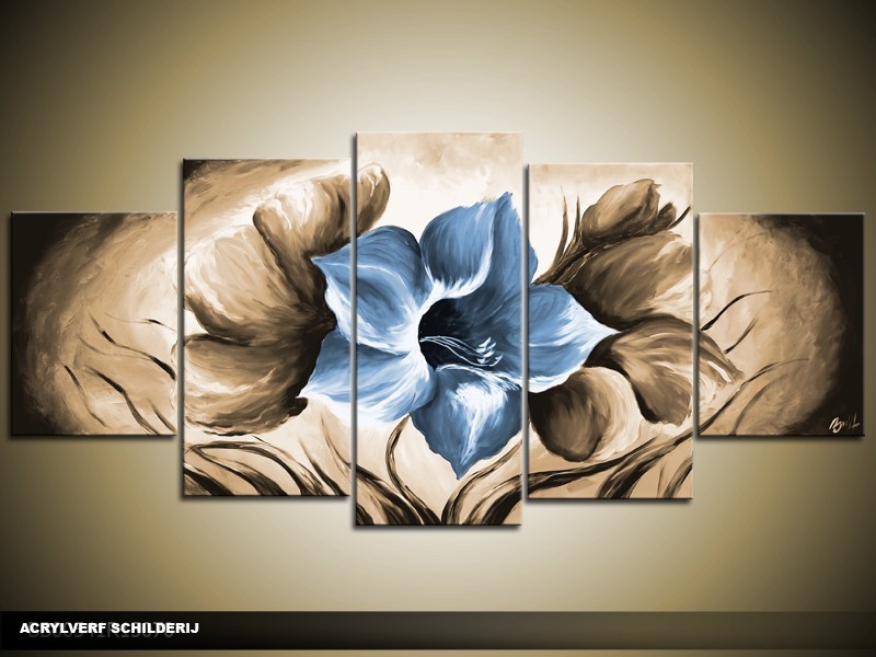 Acryl Schilderij Magnolia | Blauw, Bruin | 150x70cm 5Luik Handgeschilderd