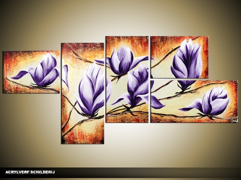 Acryl Schilderij Magnolia | Paars, Bruin, Crème | 150x70cm 5Luik Handgeschilderd